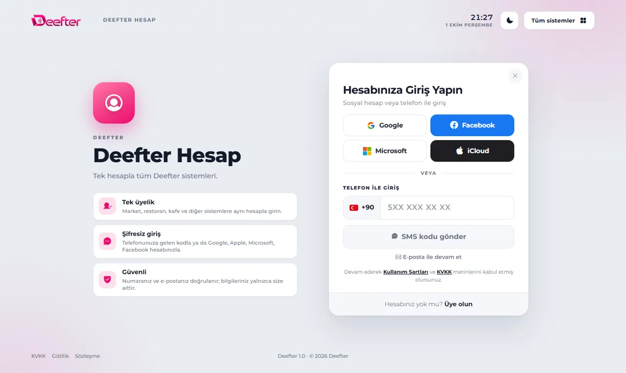 Deefter Hesap giriş ekranı